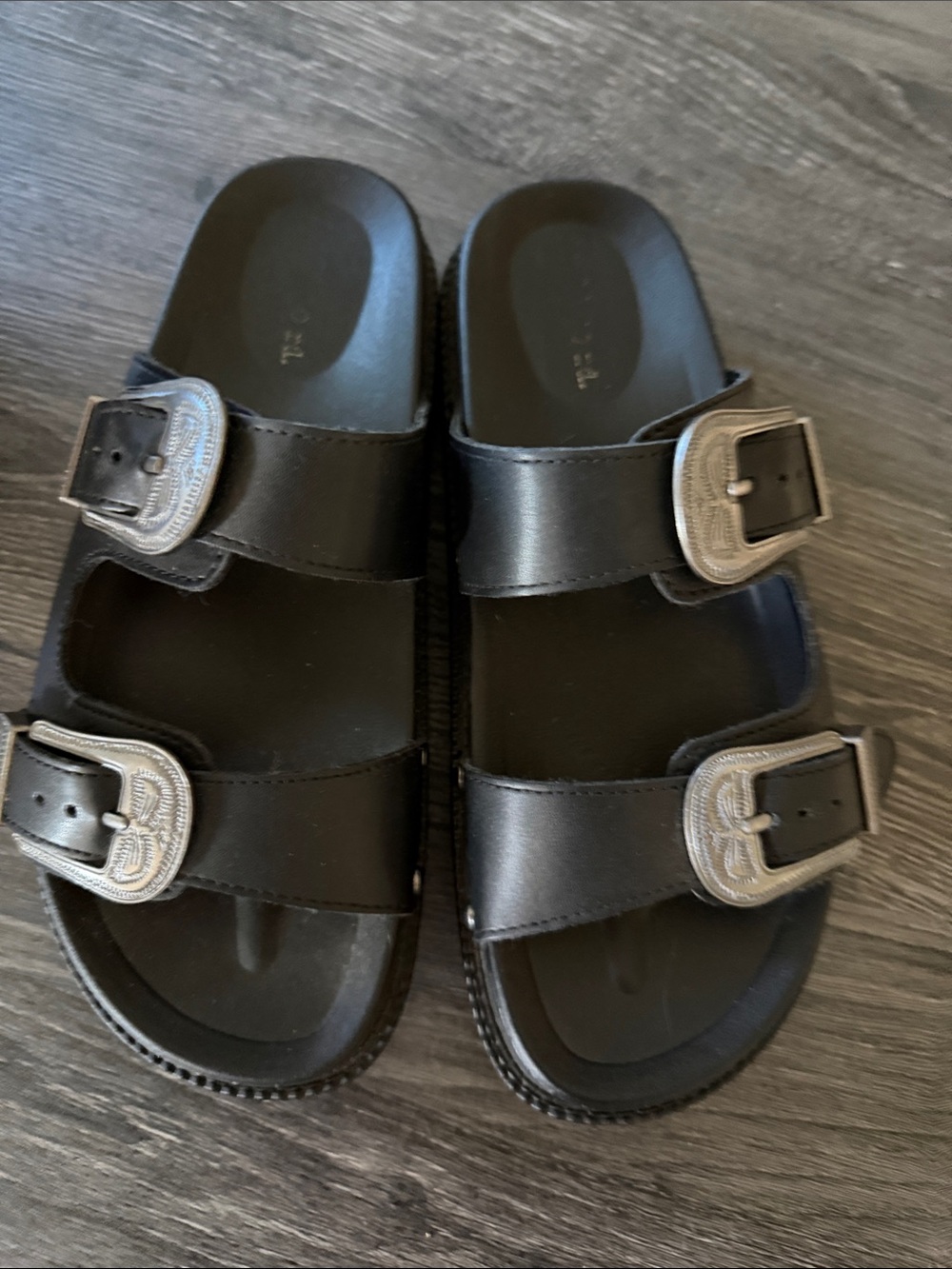 Black Double-Buckle Slide Sandals